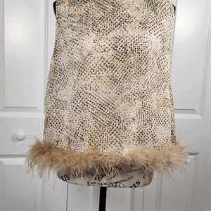 Beige Feather Trim Sleeveless Top